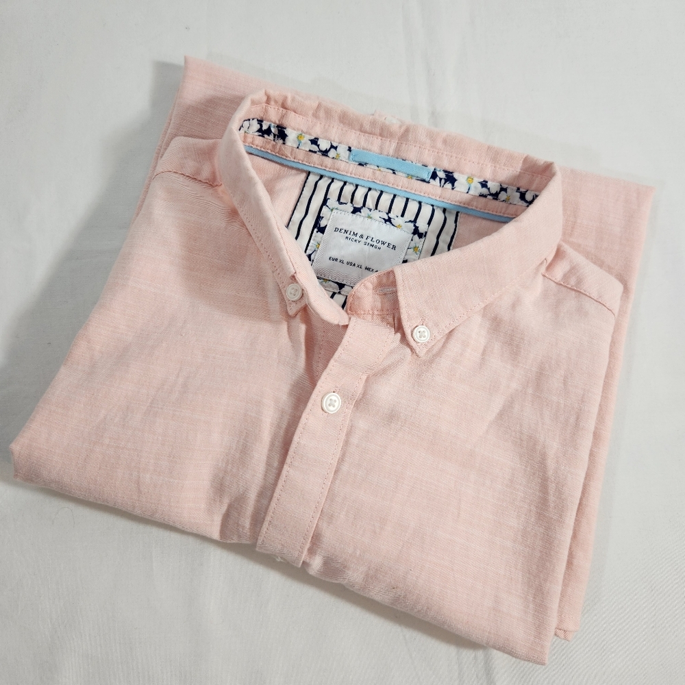 Ricky Singh Denim & Flower Pink Casual Button Down Shirt Classic Collar Size XL
